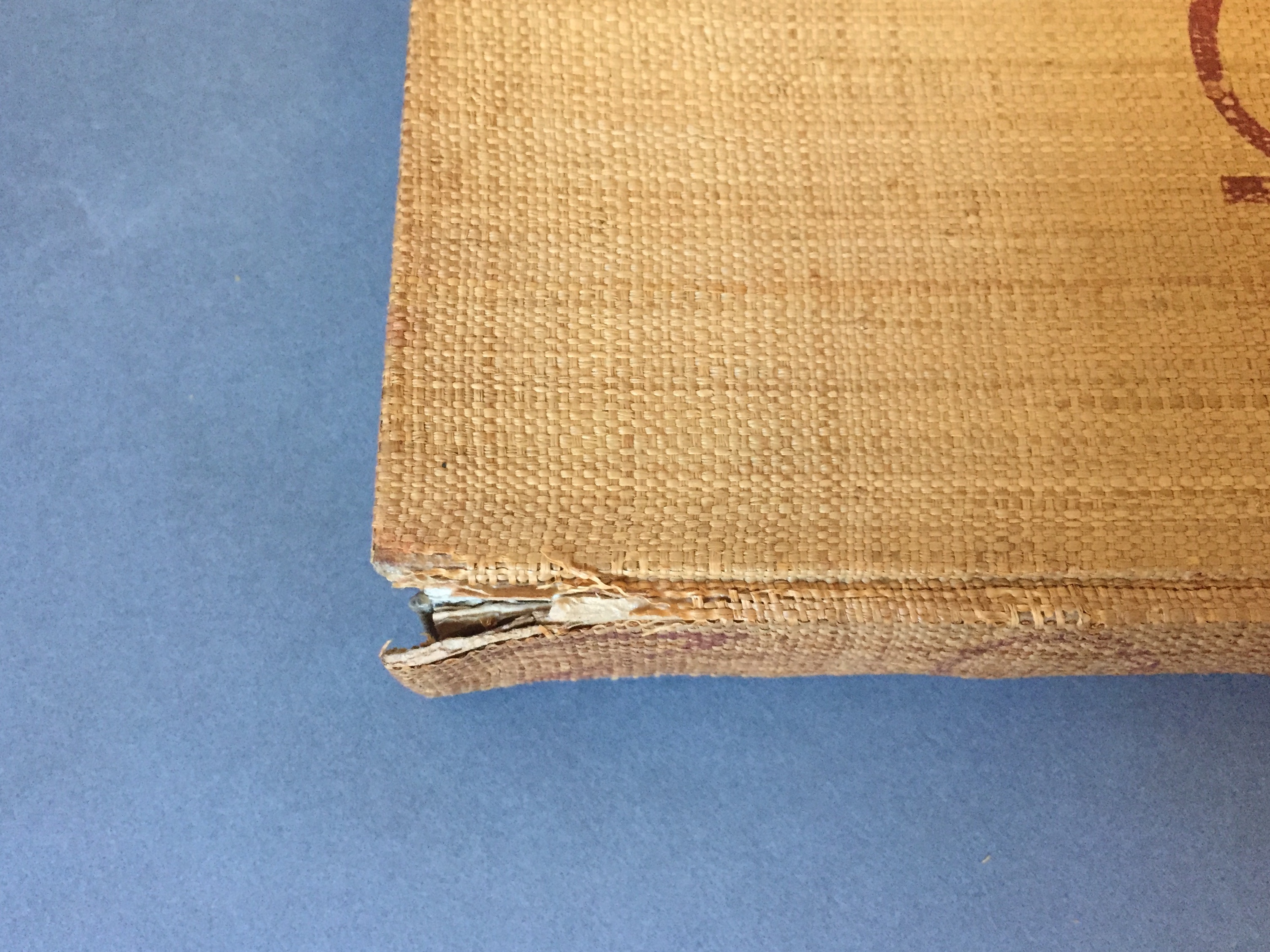 A picture of the top of the spine before treatment showing a split in the cover material.
