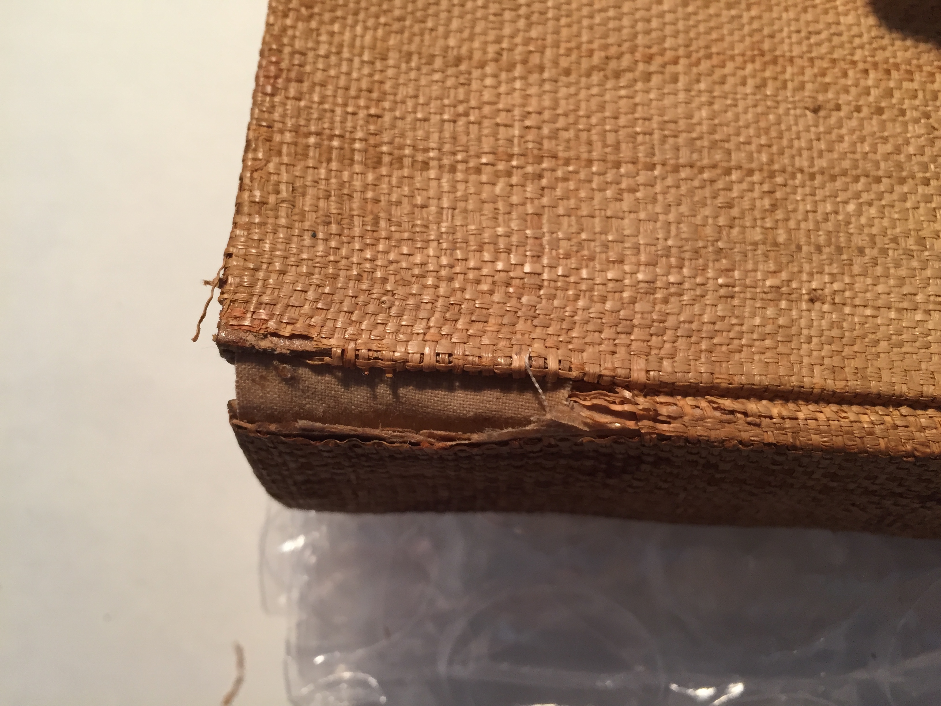 At the top of the spine a section of brown cloth in bridging a gap in the cover material.